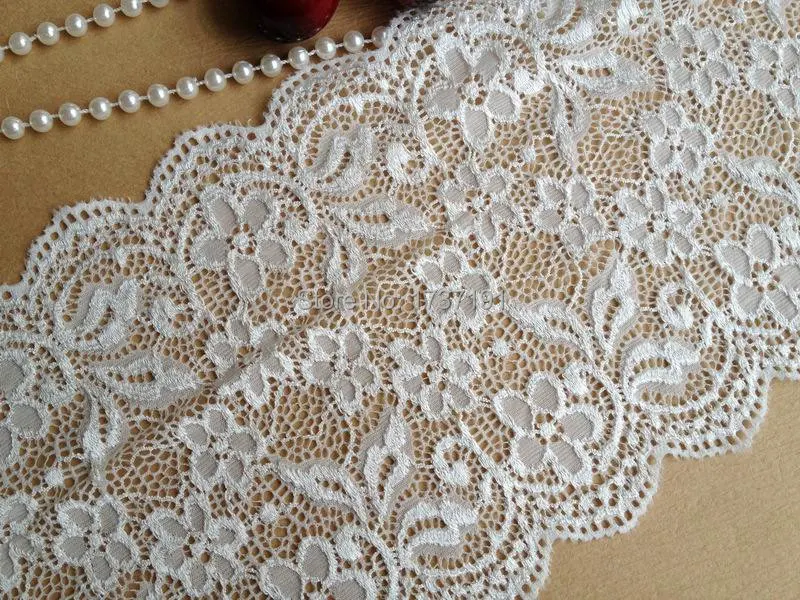 White stretch floral lace trim, hollow out embroidery lace, lingerie lace, wide elastic lace, 5 yards