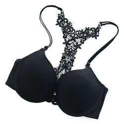 Women's Sexy Front Closure Lace Racer Back Push Up Seamless Bras Racer back Bra Thin Padded Fine Shoulder Strap Solid Intimates