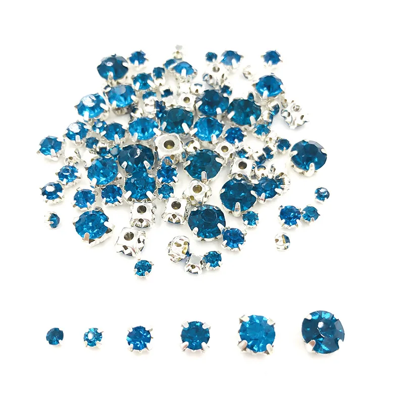 Free shipping 100pcs/pack Mixed size Peacock blue glass crystal sliver base sew on rhinestones diy apparel accessories