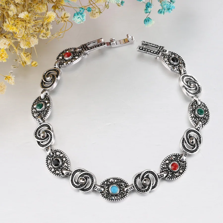 Wholesale Vintage Tibetan Silver Color Cross Circle Charm Bracelets & Bangles For Women Bohemian Fashion Crystal Jewelry 2018