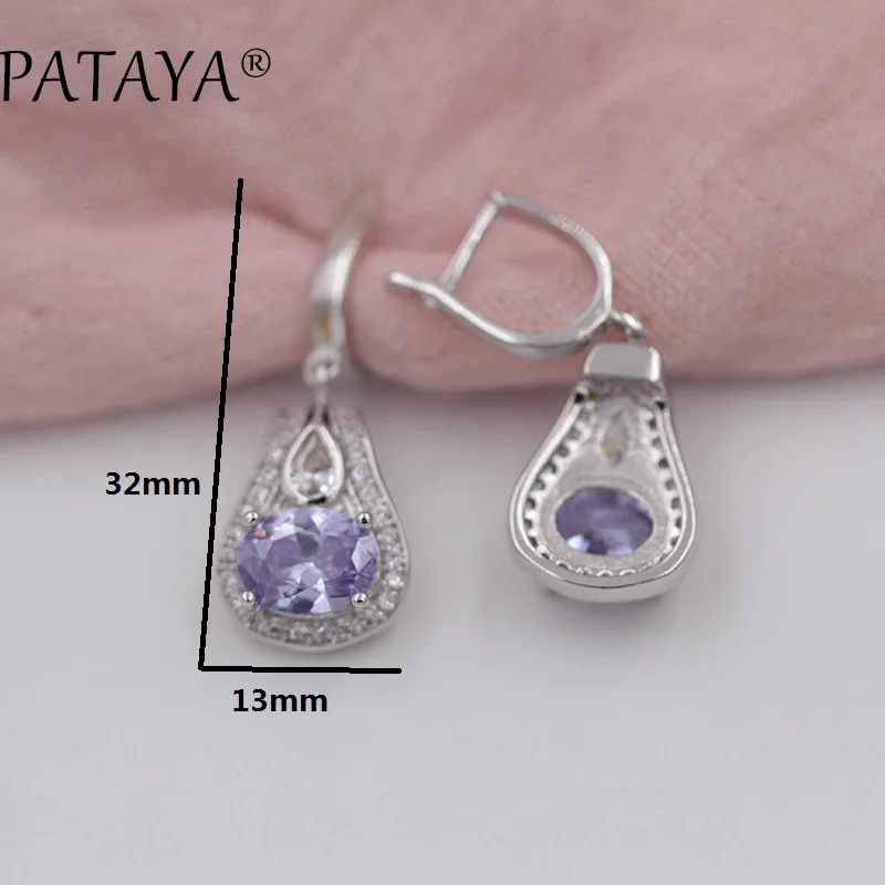 PATAYA New Multicolor Oval Natural Zirconia Earrings Ring Sets Women Romantic Wedding True White Gold Color India Jewelry Set