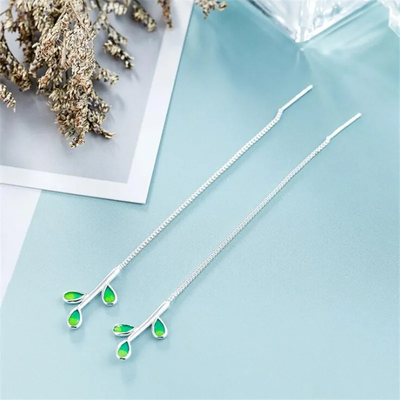 New Arrival Beautiful Colorful Leaf Ear Line 925 Sterling Silver Jewelry Personality National Women Gift Dangle Earrings E214