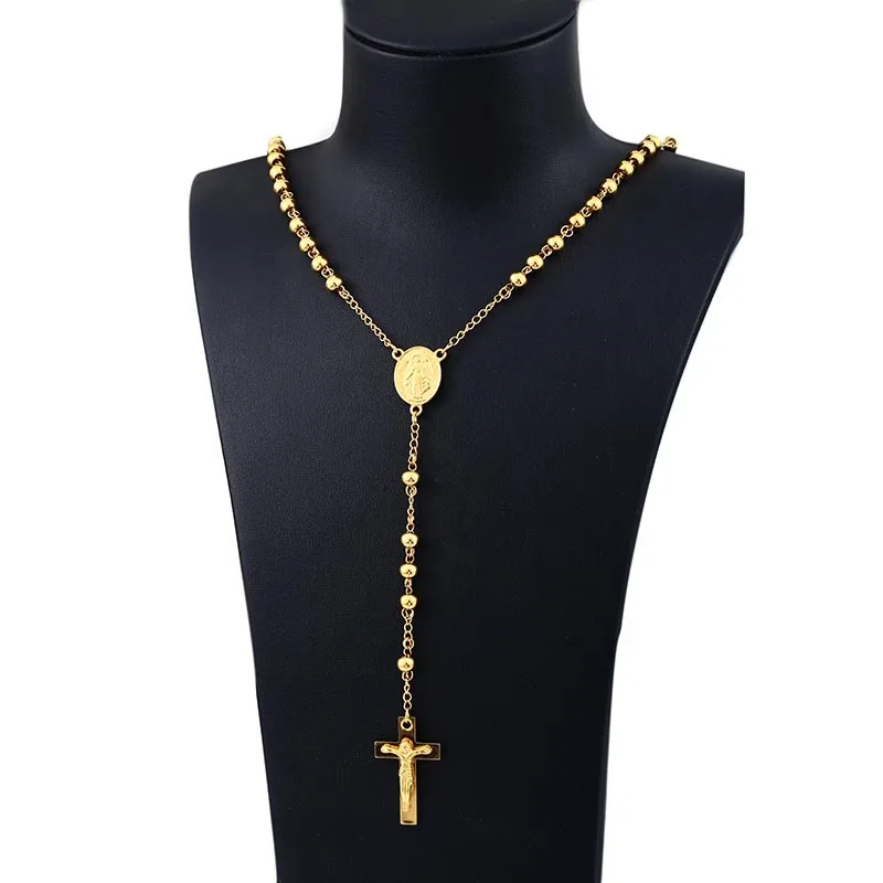 Beier 3colour Crucifix stainless steel Beads Jesus Cross Pendant Necklace Long Chain for man women Christian gift Jewelry BN1050