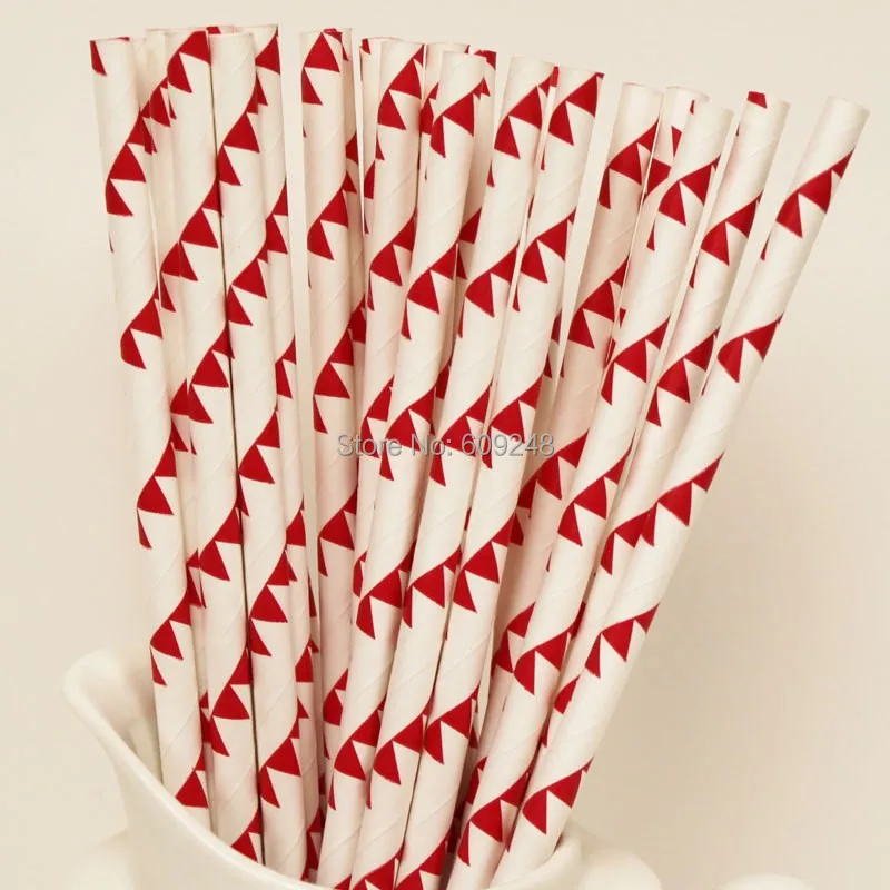 

100 Pcs Mixed Colors Christmas Red Bunting Flags Print Paper Straws,Cheap Wholesale Vintage Party Paper Drinking Straws in Bulk