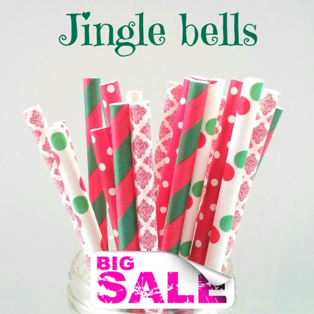 100 Pcs Mix Colors Jingle Bells Christmas Paper Straws,Green Red Striped and Polka Dot,Red Swiss Dot and Damask,Holiday Colored