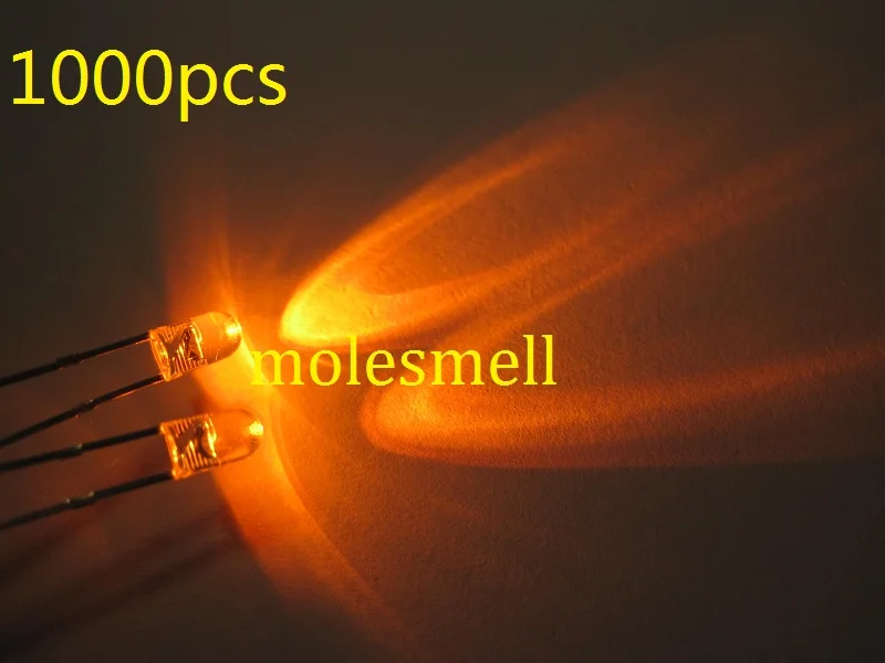 1000pcs 3mm Orange Round Flangeless Bright Water Clear LED Leds Lamp Light 2-Pin