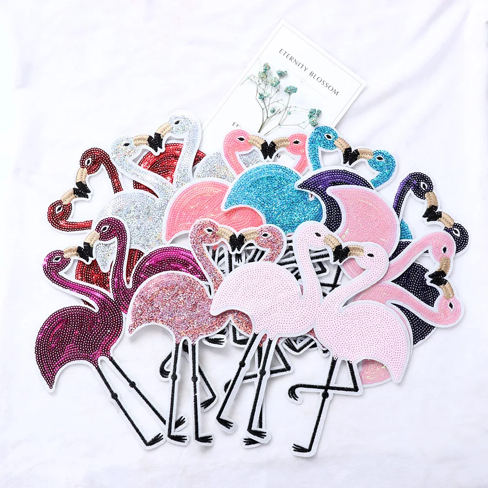 Flamingo Sequin Patch Applique Embroidery  For Clothes Sweater T-shirt Sew-On Iron-On Sticker DIY Clothes Decoration