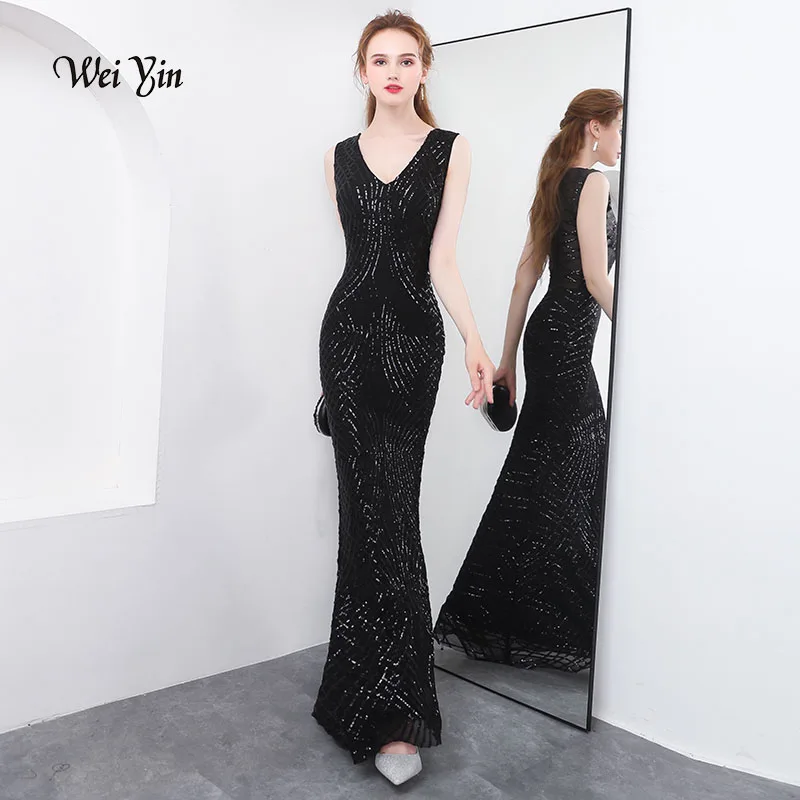 weiyin Luxury Long Evening Dress Black Sequin Mermaid Evening Gown Deep V Formal Prom Dresses Robe De Soiree WY958