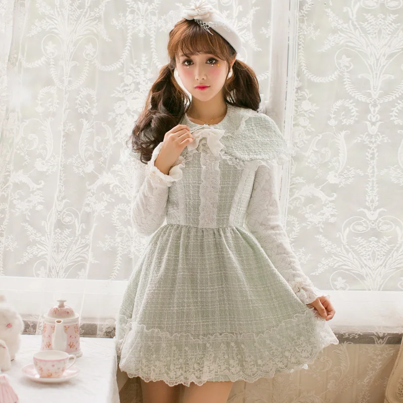 Princess sweet lolita green dress Candy rain Bow decoration A-line round collar Lace  Embroidery Japanese design C22CD6182