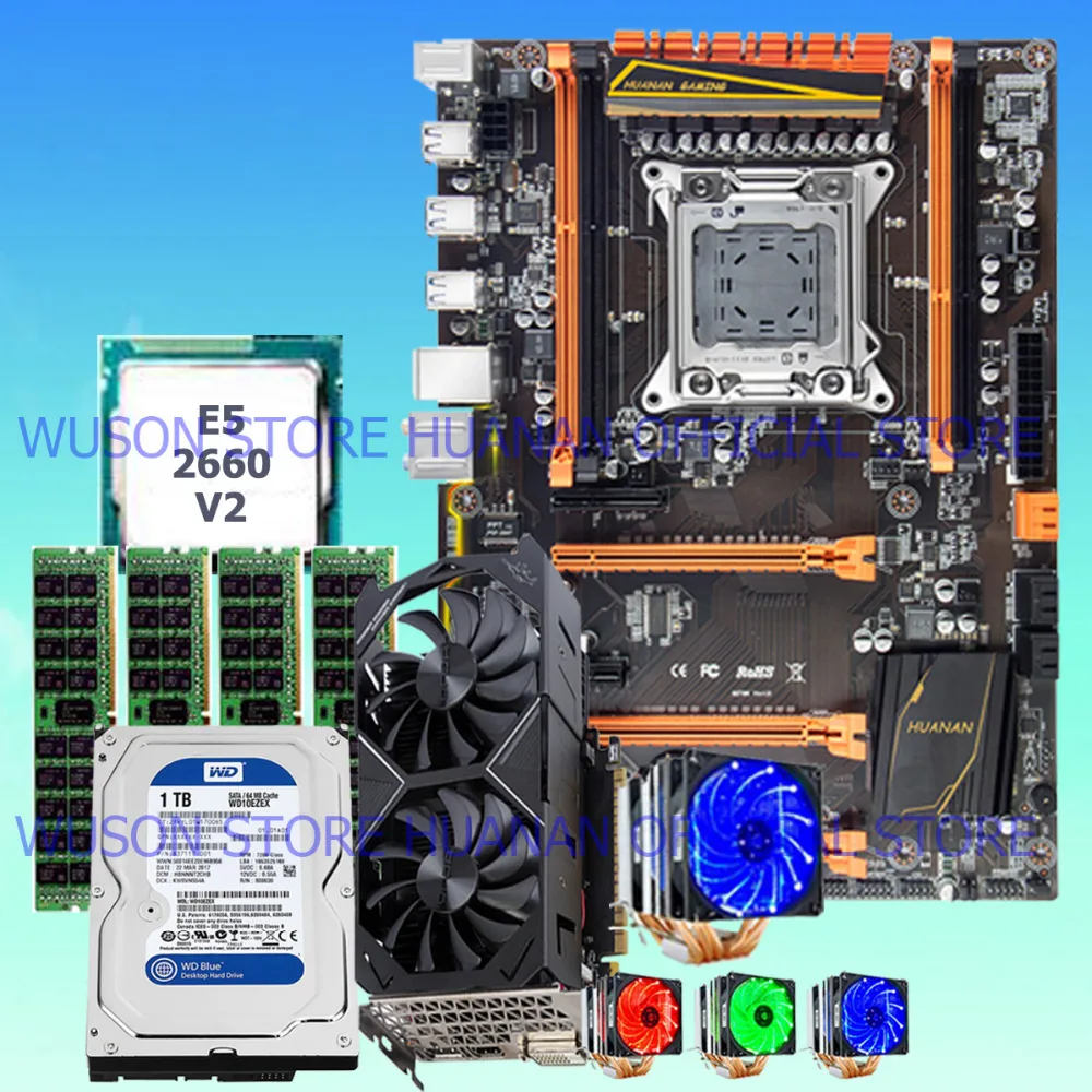 HUANAN ZHI deluxe X79 motherboard with M.2 SSD slot 1TB 3.5' SATA HDD GTX1050Ti 4GD5 CPU E5 2660 V2 with cooler RAM 32G(4*8G)