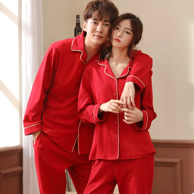 

Couple Pajamas Set Spring And Autumn Full Cotton Red Women Pyjamas Big Yards M-3XL Long Sleeve Sleepwear Men Lounge Pijama