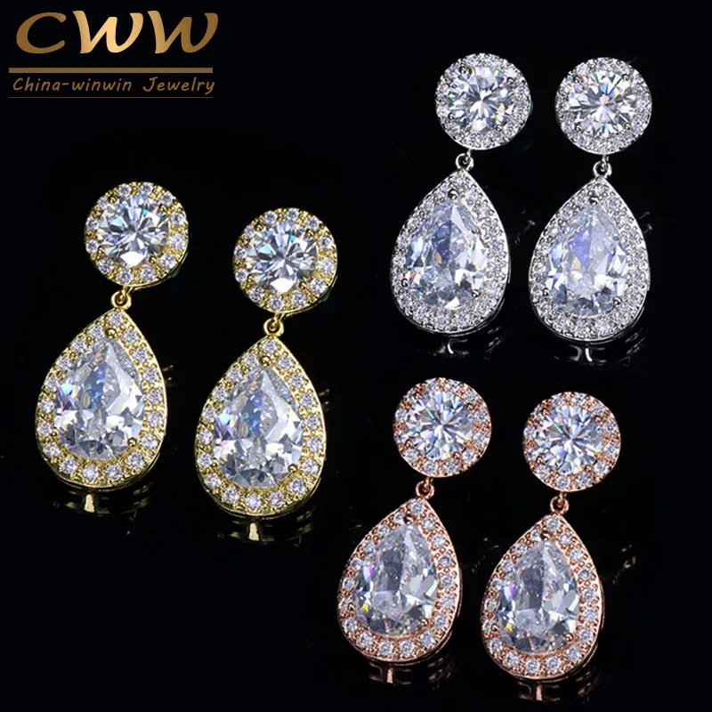 CWWZircons Classic Stunning Cubic Zirconia Stone Women Party Jewelry Rose Gold Color Big Pear Drop Earrings Gift  CZ180