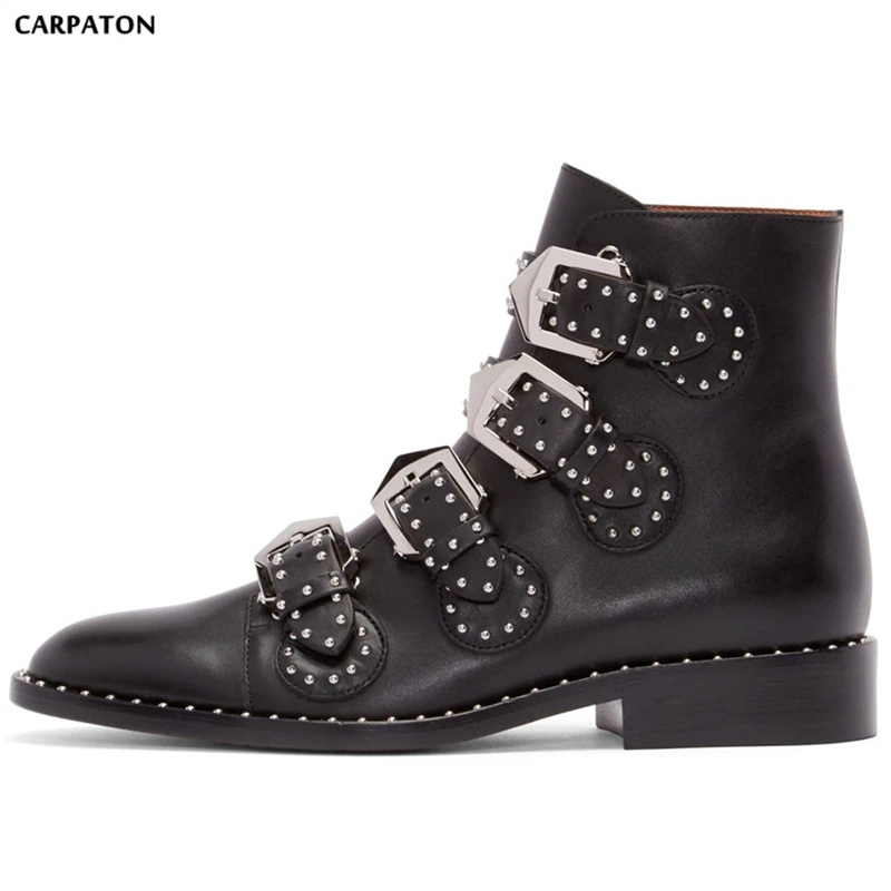 

Carpaton 2018 Newest Women Solid Fashion leather bare boots belt buckle Metal decoration rivet model Low-heeled Round-Toe