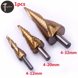 1PC HSS Titanium Coated Spiral Grooved Step Drill Bit Triangle Shank 4-12 4-20 4-32mm Step Drill for Metal Step Cone Drills Tool