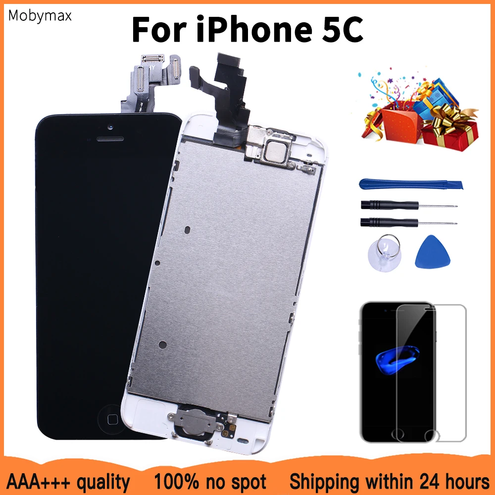 AAA+++ LCD Full Assembly For iPhone 5c LCD Module with Digitizer Replacement & Home Button & Front Camera+Protector Glass
