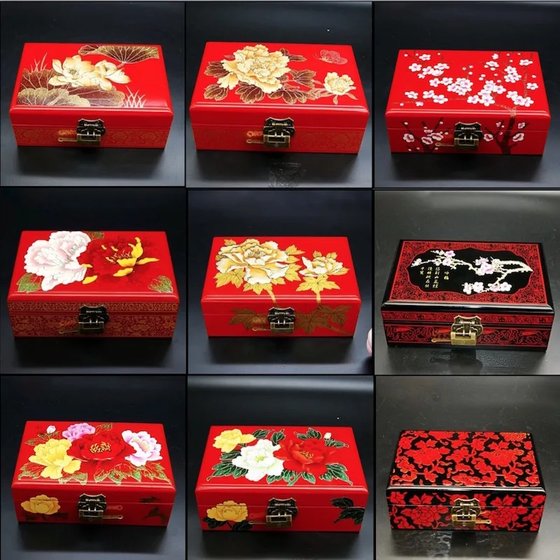 Jewelry Box Antique Storage Boxes Bins Chinese Lacquerware Lacquer Arts with Lock Wooden Wedding Gift Red Blue Black