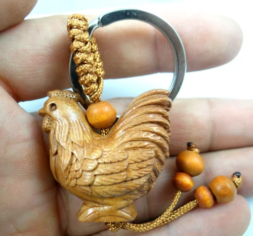 Natural mahogany three-dimensional engraving Chicken keychain Buddha key ring jewelry gift for men and women 1pc