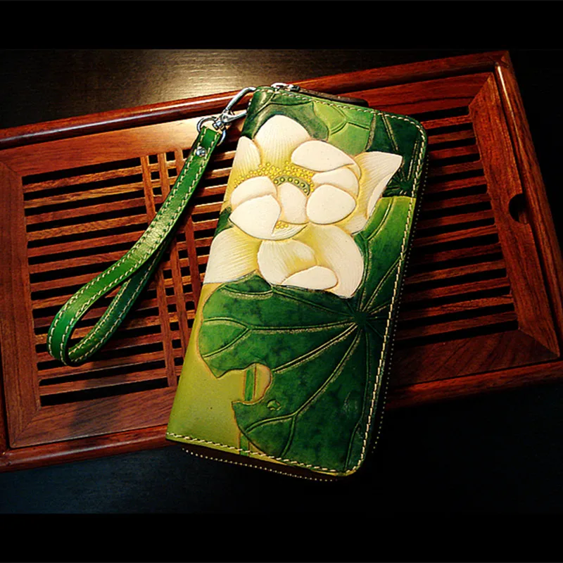 

Genuine Leather Wallets Carving Water Lilies Leaf Bag Purses Women Long Clutch Vegetable Tanned Leather Wallet Mothers Day Gift