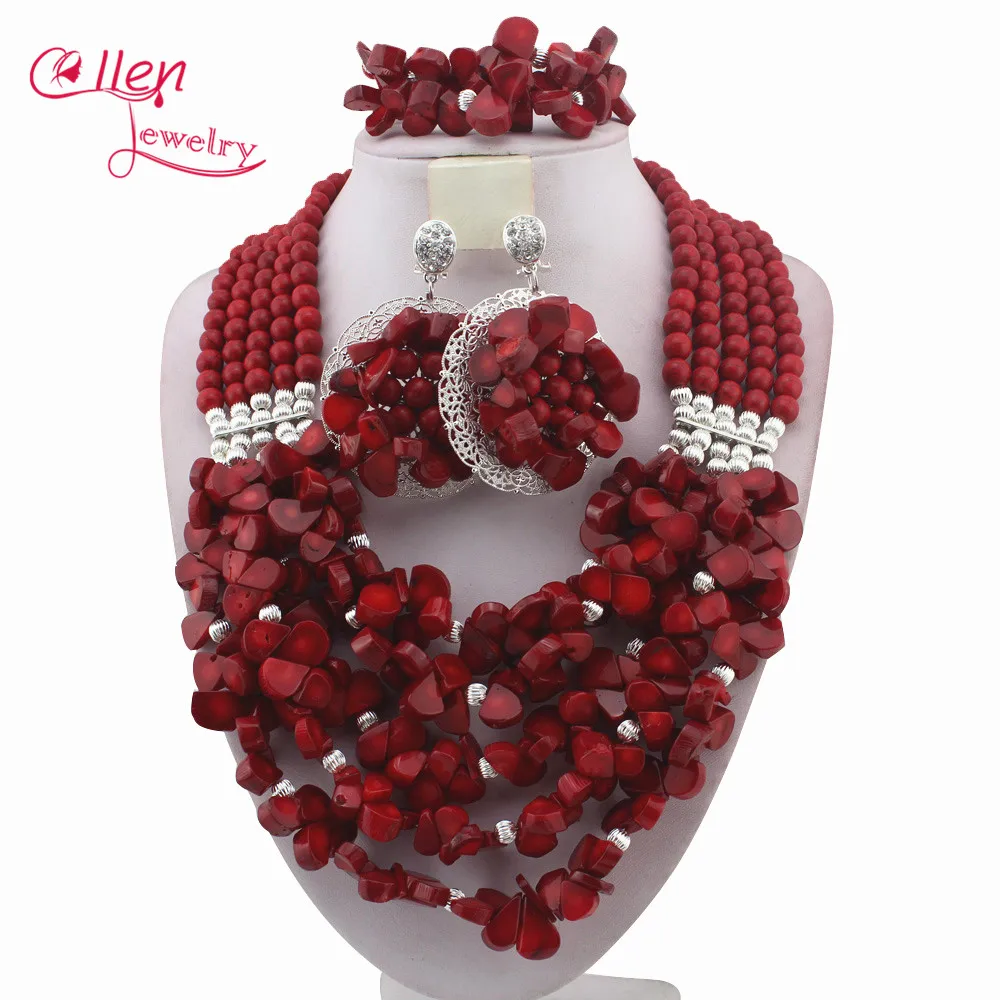 

Amazing African Beads Jewelry Set For Women Gift Coral Beaded Jewelry Necklace Set Fashion nigerian wedding beads W12105