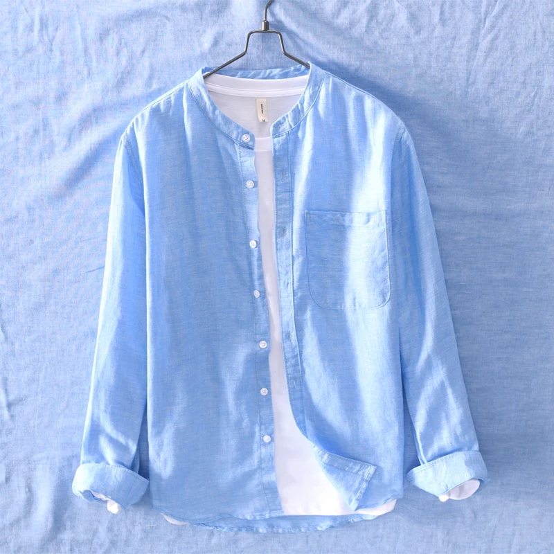 

New stand collar solid blue shirts men brand linen and cotton casual shirt mens spring fashion shirt male camisa chemise