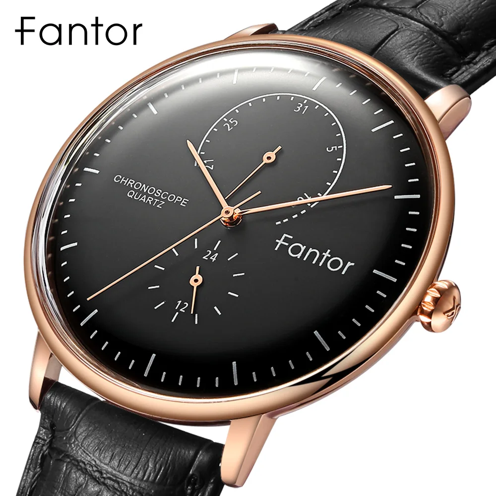 Fantor Men\'s Luxury Leather Brand Top Casual Business Wristwatches Chronograph Man Wrist Quartz Watches