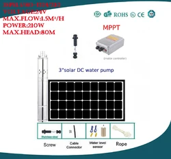 Free Shipping DC24v 3/4 Inch Outlet Power 210w Deep Well Solar Screw Pump With MPPT Controller 3SPS1.5/80-D24/210