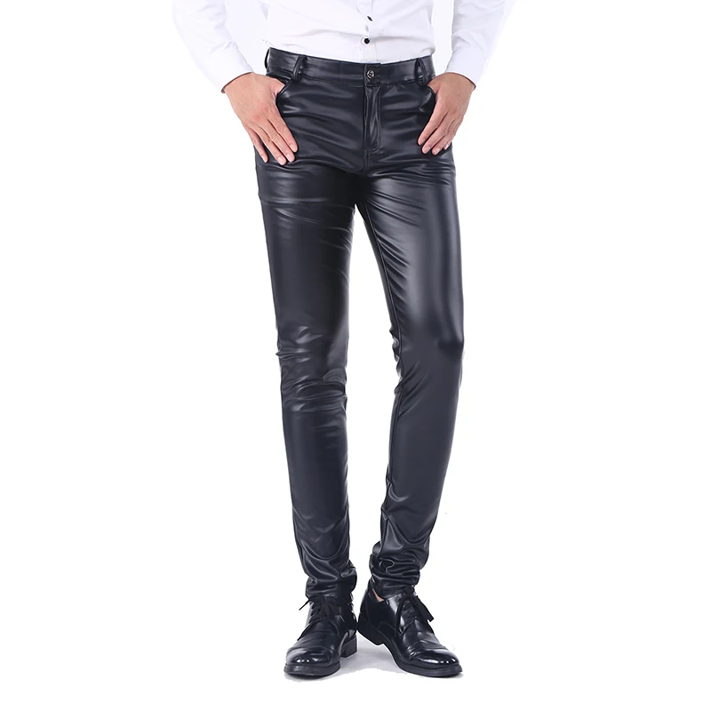 Idopy Men`s Business Slim Fit Five Pockets Stretchy Comfy Black Solid Faux Leather Pants Jeans Trousers For Male