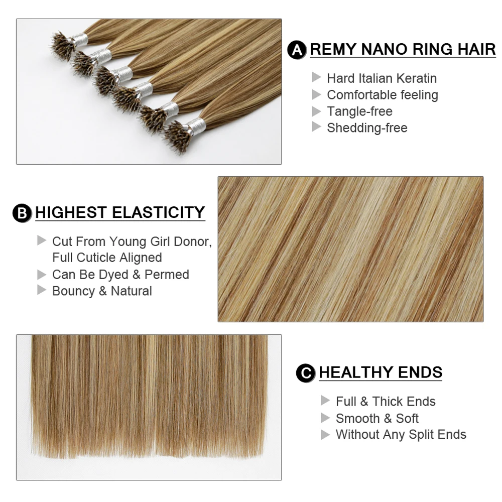 Fairy Remy Haar 0.8 G/s 20-22 Inch Micro Ring Remy Human Hair Extensions Straight Zwart Europese Nano Ring menselijk Haar Pre Bonding