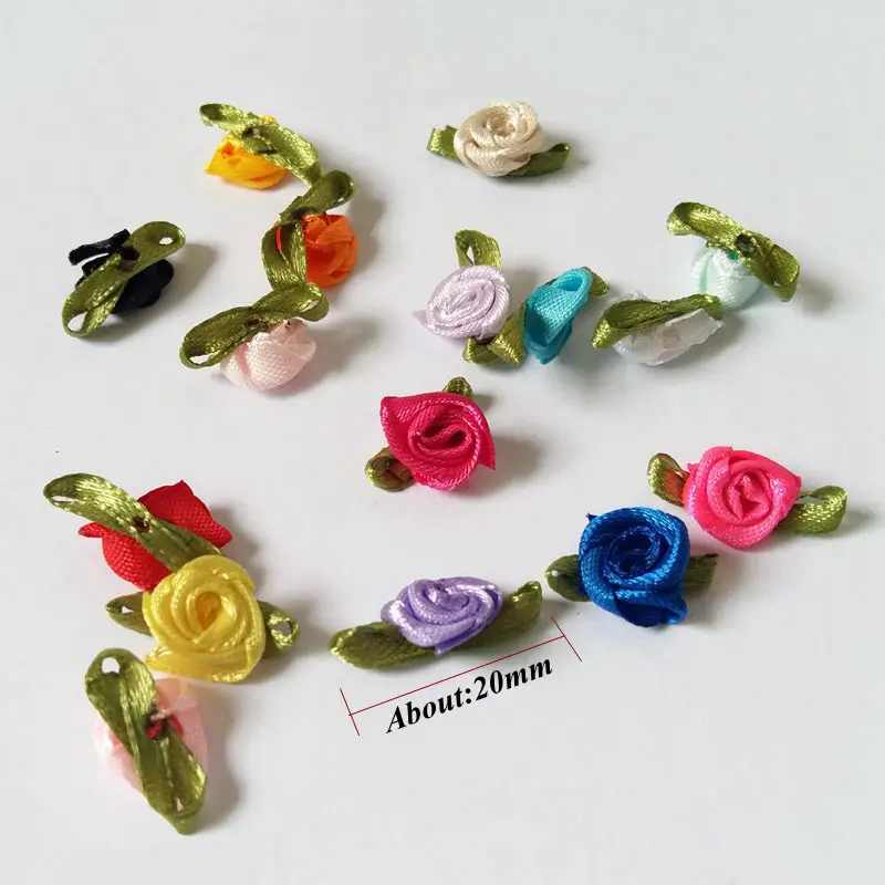 100pcs Clothes Fabric Ribbon Rosettes Mixed Rose With Green Leaf Craft Garment Accessories Scrapbooking Products