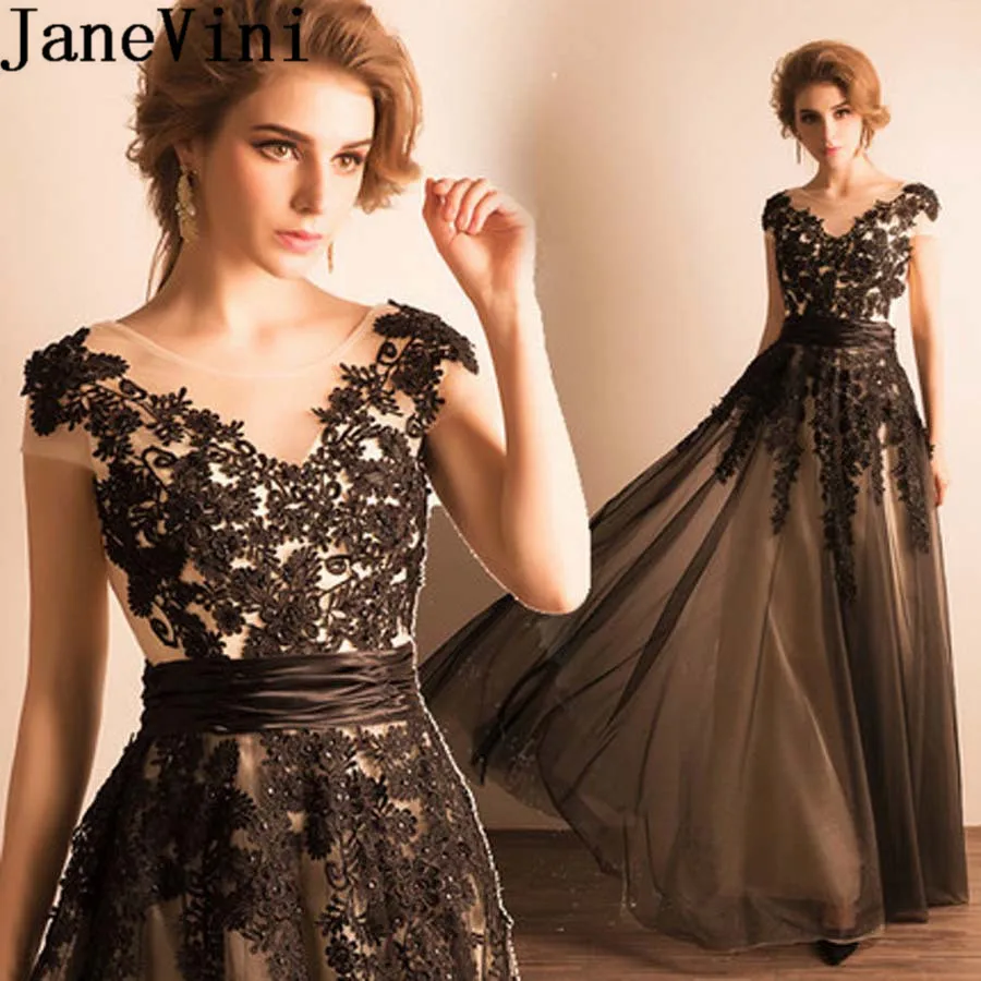 

JaneVini Lebanon Black Lace Evening Dress Long Beaded Appliques Formal Gowns Tulle Brides Mother Dresses for Weddings Avond Jurk