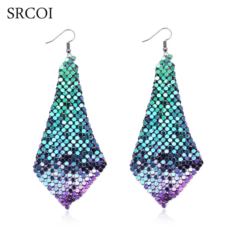 SRCOI Shine Sequins Tassel Earrings Drop Exaggerated Colorful Geometric Metal Sequins Square Mesh Dangling Pendant Earrings