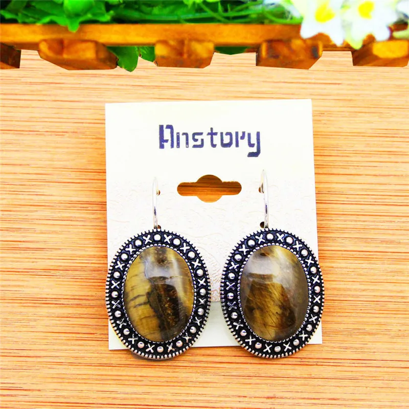 Natural Tiger Eye Stone Earrings Vintage Pendant Earrings For Women Antique Silver Plated Stone Fashion Jewelry