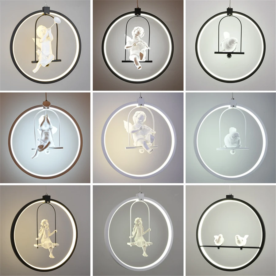 Nordic Aluminum Ring Girl Swing Pendant Light for Living Room Bedroom Study lovely Bird hanging lamp art deco kids Light Fixture