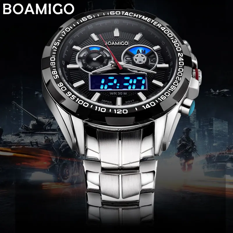 men sport watches military steel digital watch Luminous hand quartz watch 2017 BOAMIGO silver gift 30m waterproof wristwatches