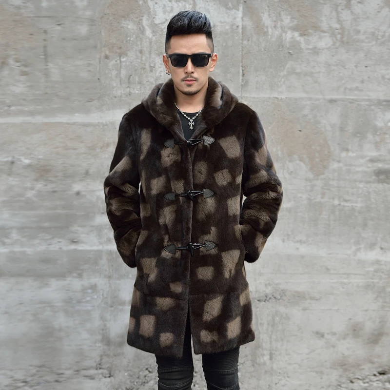 Ftangaiur Winter Men Import Velvet Mink Fur Coat With Fur Hood Print Cool Mink Coats Men's X- Long Smart Causal Real Mink Coats