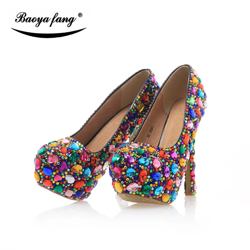 New Multicolor crystal womens wedding shoes real leather Bride High heels party dress Pumps High shoes Fashion Platform shoes