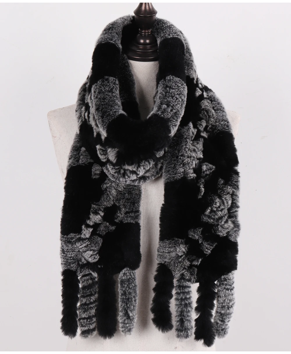 Neue Damen-Schals aus 100% natürlichem Rex-Kaninchenfell, langer Stil, gestrickte Rex-Kaninchenfell-Quastenschals, warme Echtfell-Schals für den Winter. – Detail 18