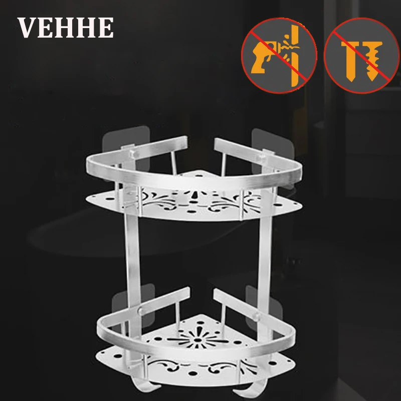 

Bathroom Corner Wall Shelf With Hooks Double Floor Stainless Aluminum Shampoo Holder Tower Hanger Shower Caddy Multi-function