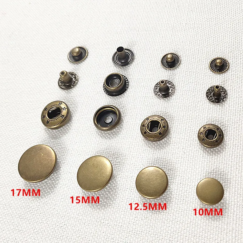 10/12.5/15/17mm 10sets Metal Brass Press Studs Sewing Button Snap Fasteners Sewing Leather Craft for Clothing Bags 831/633/655