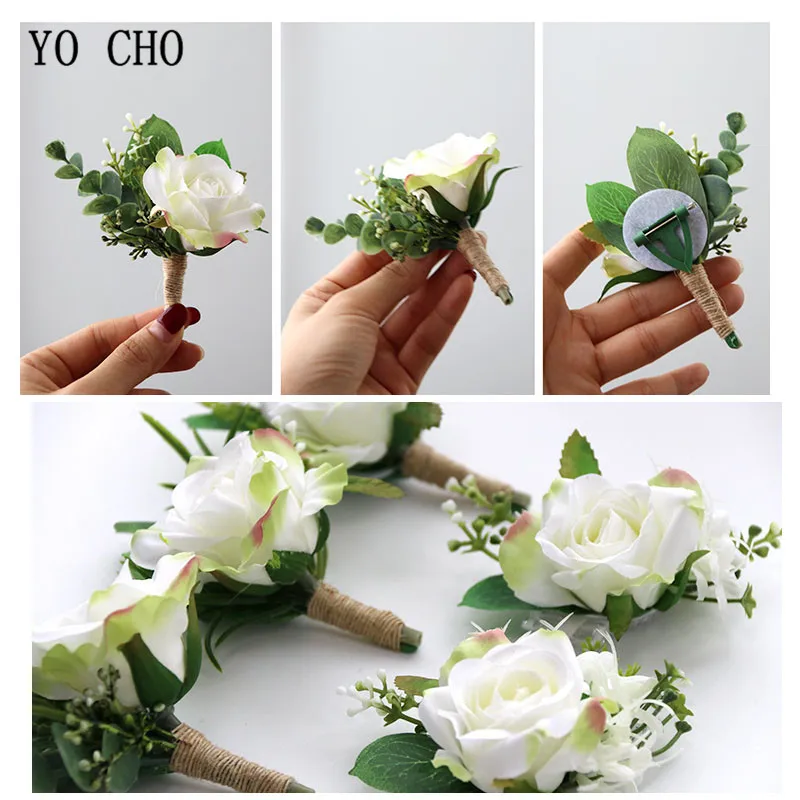 YO CHO Wedding Planner Roses Artificial Silk Flower Wrist Corsage Bracelet Groom Boutonniere White Wedding Men Marriage Flowers