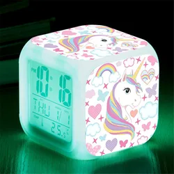 Despertador Unicórnio para Crianças, Cartoon 7 LED Night Light, Relógios de Mesa, Data e Temperatura, Presentes de aniversário para crianças