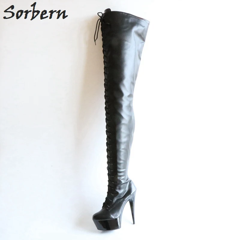 Sorbern Sexy Fetish Boots Women 15Cm Platform 80Cm Crotch Thigh High Burlesque Heel Lace Up Zip Black Matte Custom Colors