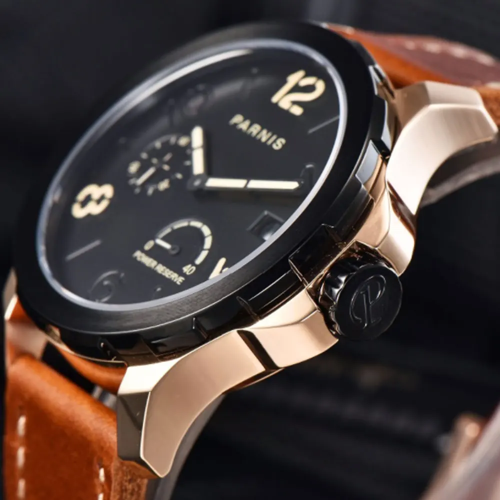 Luxuury 44mm Parnis Top Brand Automatic Men Menchanical Watches Luminous PVD Case Power Reserve Leather Strap