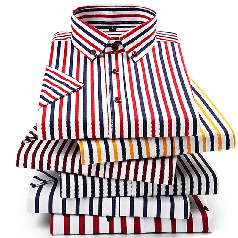 

Colored Red Navy Blue Yellow Summer Brand Casual Slim Fit Male Vertical Striped Shirt Men Non Iron Design