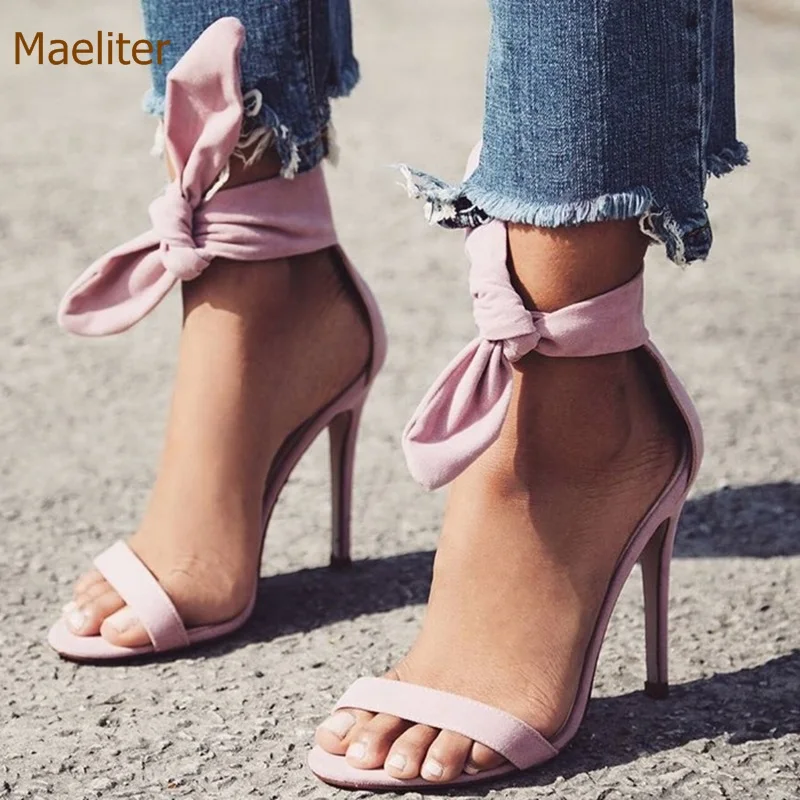 Newest Brand Designer Pink Yellow Suede High Heel Sandals Ankle Big Bowknot Gladiator Sandal Shoes Single Strap Thin Heel Pumps