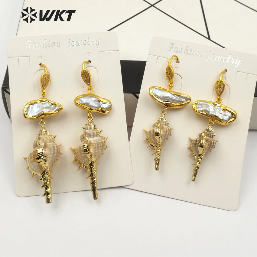 WT-E476 Real Spiky Trumpet Shell Inlay Pearl Dainty Earring Raw Shape Wild Coast Jewelry Women Summer Holiday Sea Shell Earring