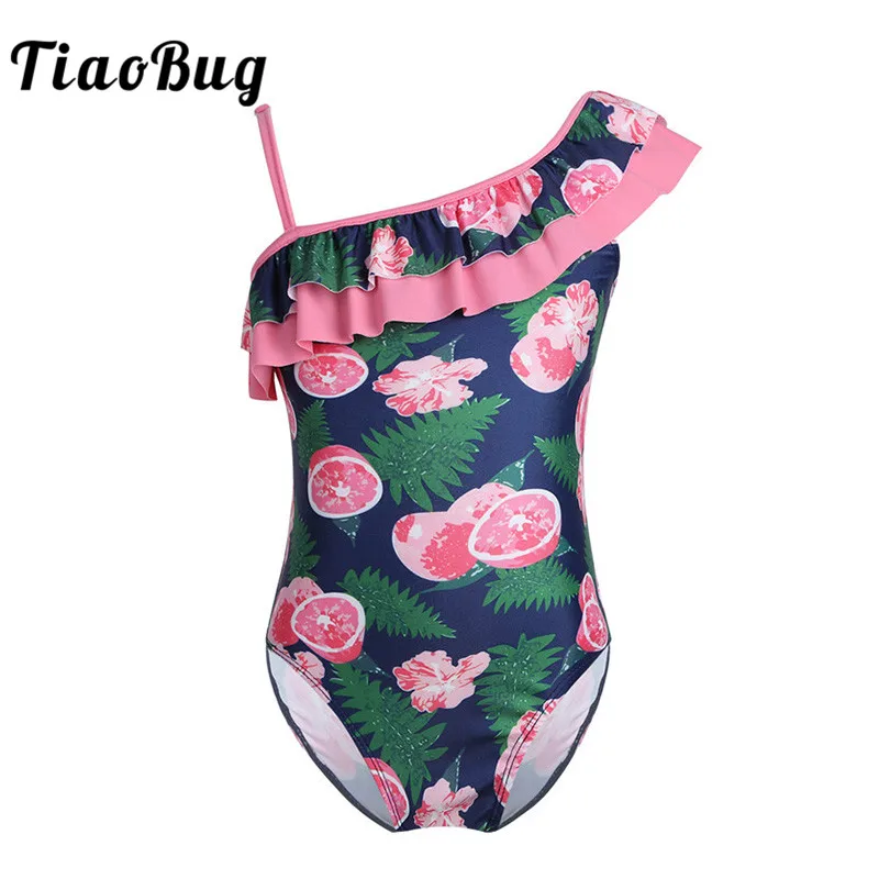 TiaoBug Girls One-piece Lemon Printed Swimsuit Kids Swim Adjustable Straps Ruffle One-shoulder Swimwear Bathing Suit Beachwear