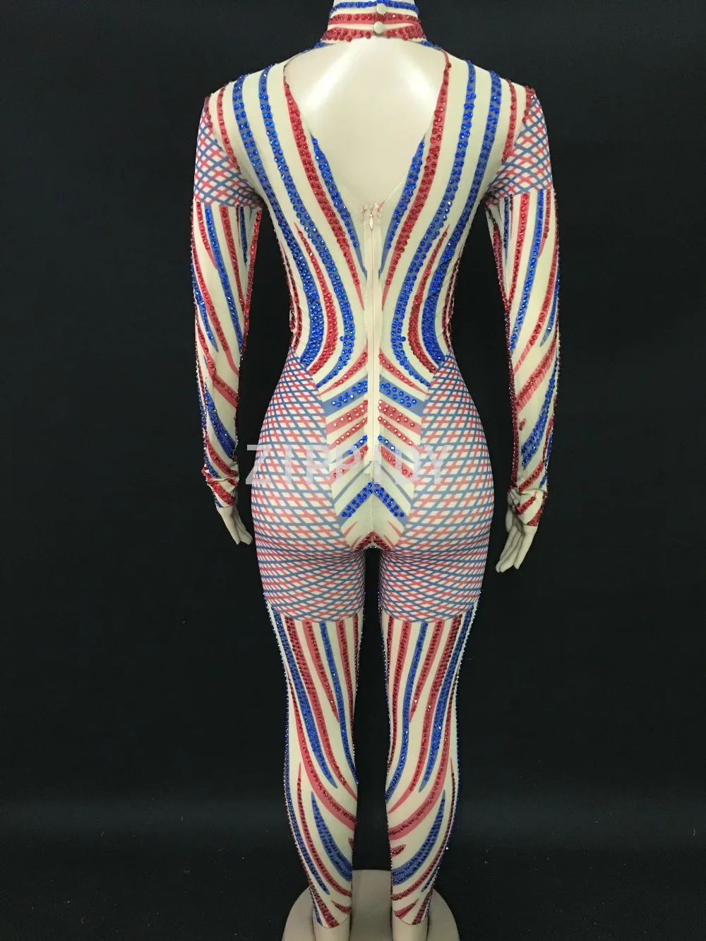 Birthday Bar Dance Clothes Nightclub Dance Female Singer Show Bright Bodysuit Bright Blue Red Rhinestones Mesh Jumpsuit Women