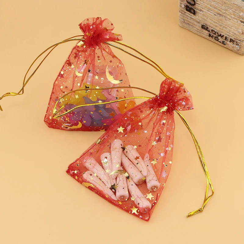 100pcs 7x9cm Drawable Organza Bags Star Moon red color Wedding Christmas Gift Bag Jewelry Packaging Bags Pouches