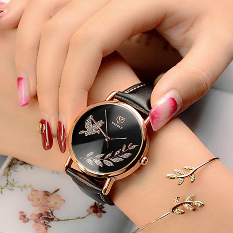 YAZOLE Fashion Rose Gold Watch Luxury Crystal Watch Women Watches Leather Ladies Watch Clock saat bayan kol saati reloj mujer